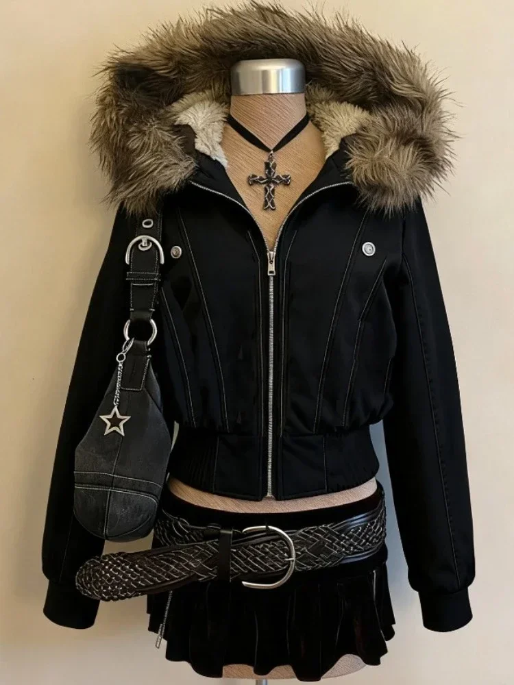 Harajuku Printed Jacket Vintage Hooded Leather Coats Women Korean Fashion Subculture Sweatshirts Japanese Kawaii Parkas Y2k Tops