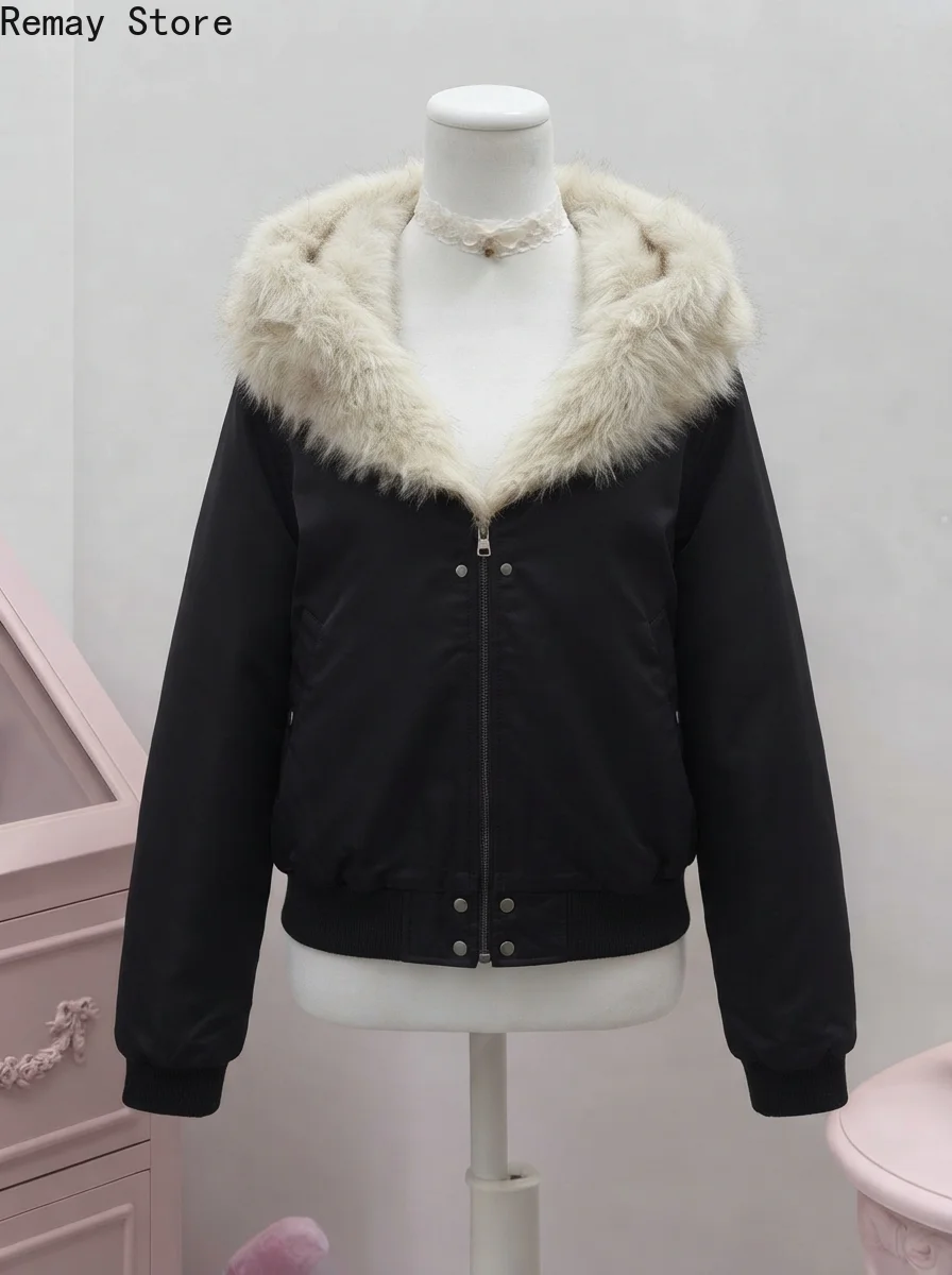 Thicken American Retro 2000s Aesthetic Jacket Women Winter Y2k Hooded Design Harajuku Coat Loose Chic Gothic Dark Outfits Parkas
