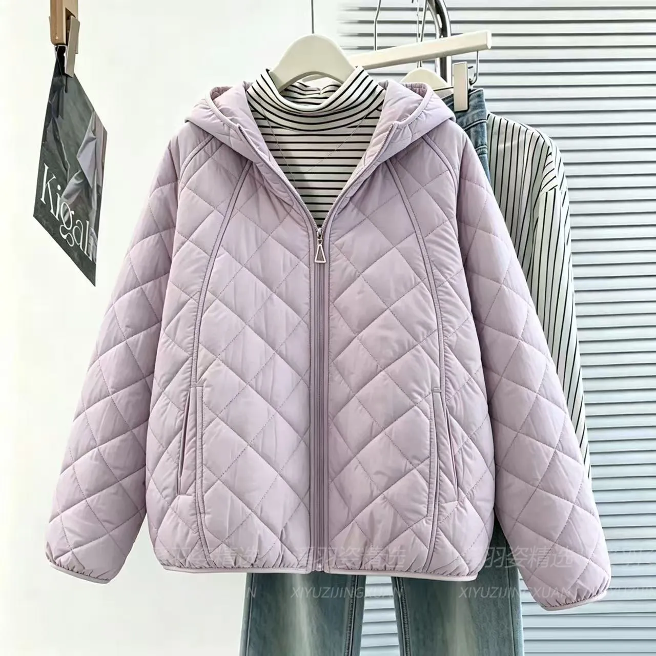 Women Lightweight Quilted Hooded Jacket 2026 Casual Diamond‑Grid Zipper Short Coat Autumn Winter Korean Style Warm Outerwear