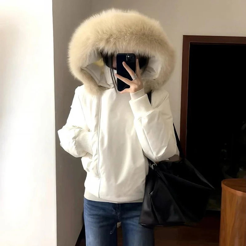 Korean Fur Collar Hooded Down Cotton Jacket Women Design Long Sleeve Zipper Up Cropped Parkas Woman Thicken Warm Winter Coats