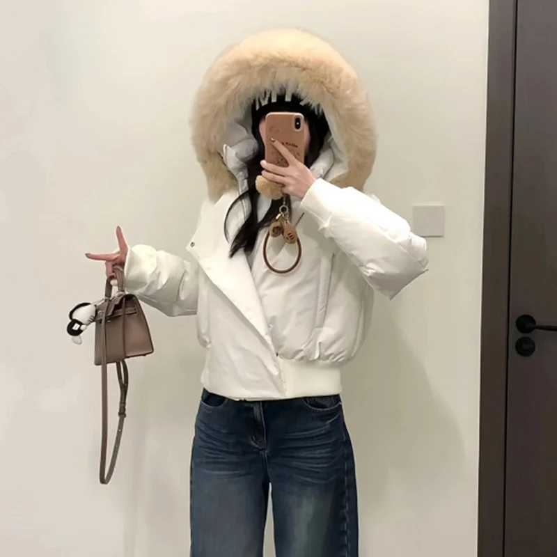 Korean Fur Collar Hooded Down Cotton Jacket Women Design Long Sleeve Zipper Up Cropped Parkas Woman Thicken Warm Winter Coats