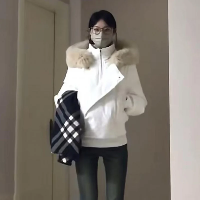 Korean Fur Collar Hooded Down Cotton Jacket Women Design Long Sleeve Zipper Up Cropped Parkas Woman Thicken Warm Winter Coats