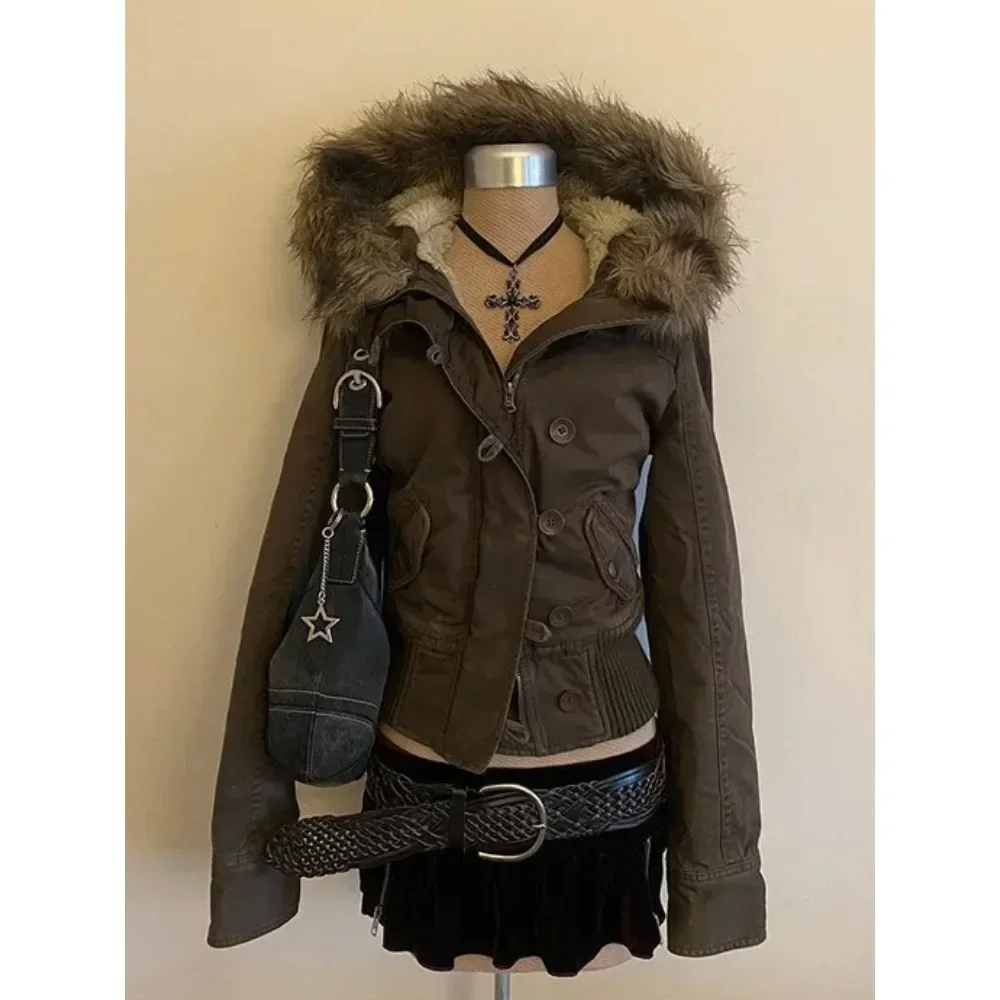 Women Japanese Kawaii Y2K Hooded Leather Jacket Harajuku Printed Sweatshirt Korean Fashion Subculture Vintage Parka Outerwear