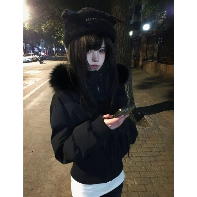 American Vintage Long Sleeve Faux Fur Collar Hooded Parkas Women Casual Y2k Retro Solid Color Cropped Coat Autumn Winter