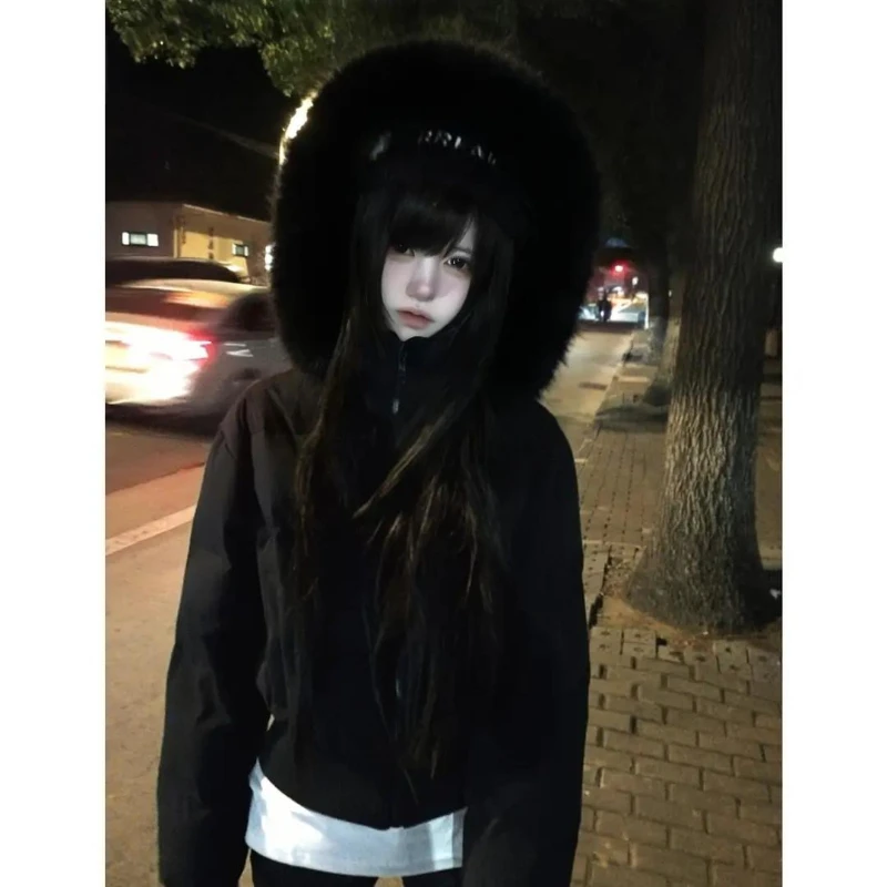 American Vintage Long Sleeve Faux Fur Collar Hooded Parkas Women Casual Y2k Retro Solid Color Cropped Coat Autumn Winter
