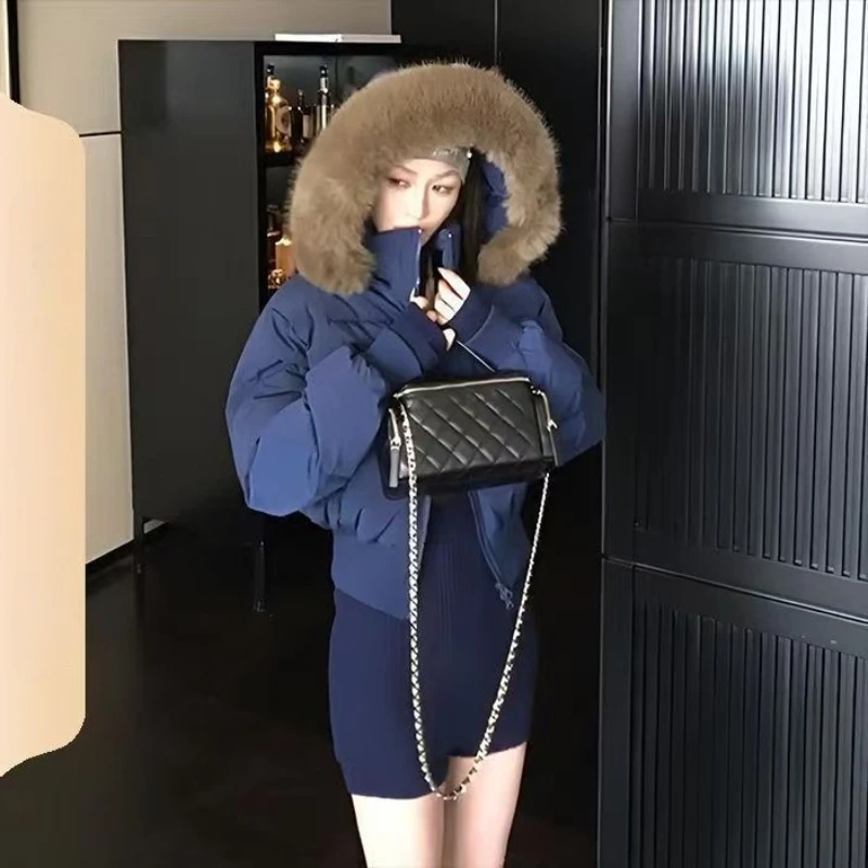 American Vintage Long Sleeve Faux Fur Collar Hooded Parkas Women Casual Y2k Retro Solid Color Cropped Coat Autumn Winter