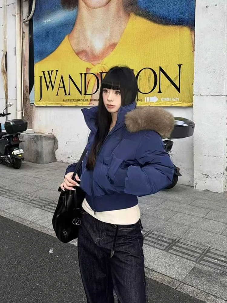 American Vintage Long Sleeve Faux Fur Collar Hooded Parkas Women Casual Y2k Retro Solid Color Cropped Coat Autumn Winter