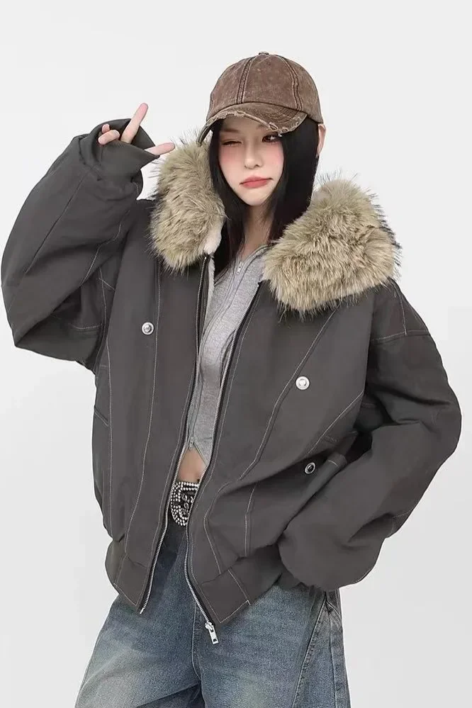 Winter Jackets Fur Collar Parkas Women Vintage Thicken Fleece Warm Jackets Streetwear Harajuku Hip Hop Padded Chic Y2K Outwear