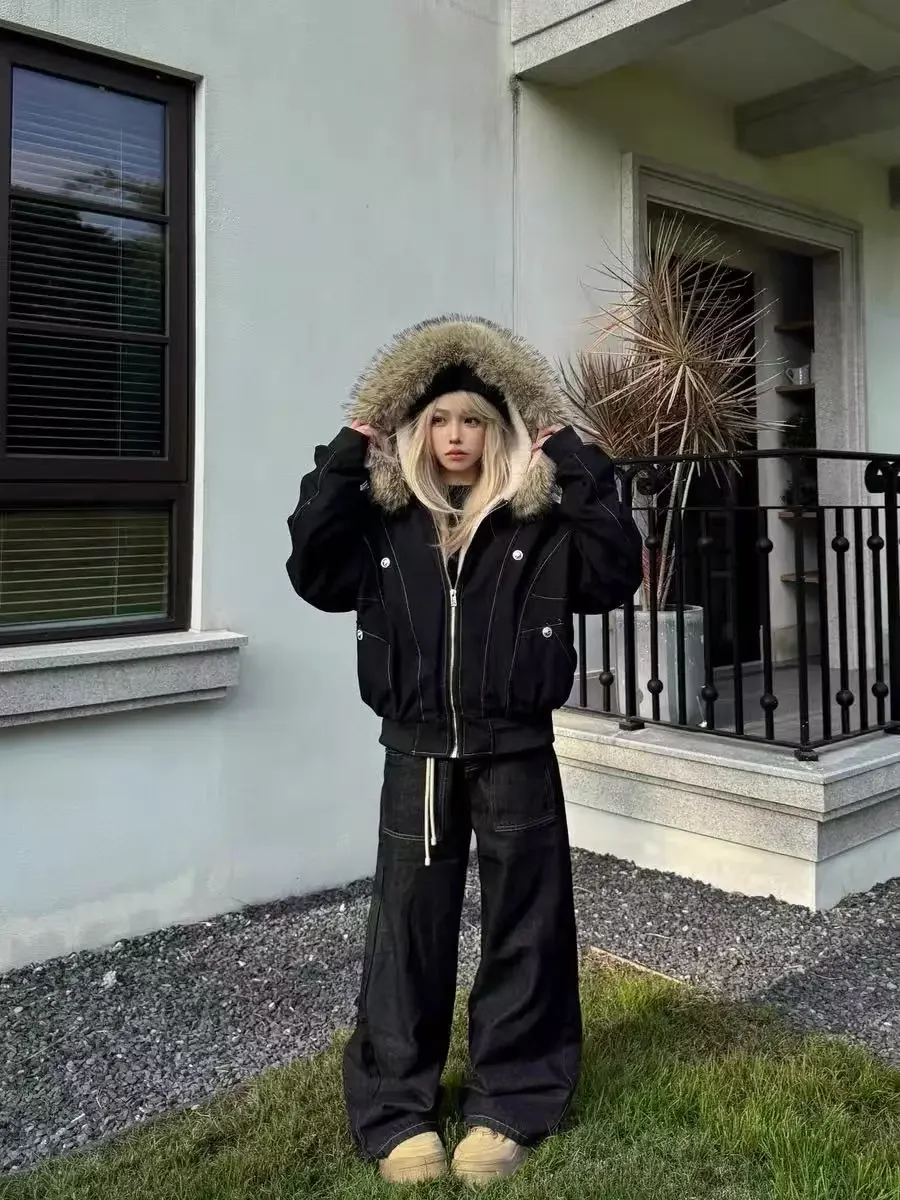 Winter Jackets Fur Collar Parkas Women Vintage Thicken Fleece Warm Jackets Streetwear Harajuku Hip Hop Padded Chic Y2K Outwear