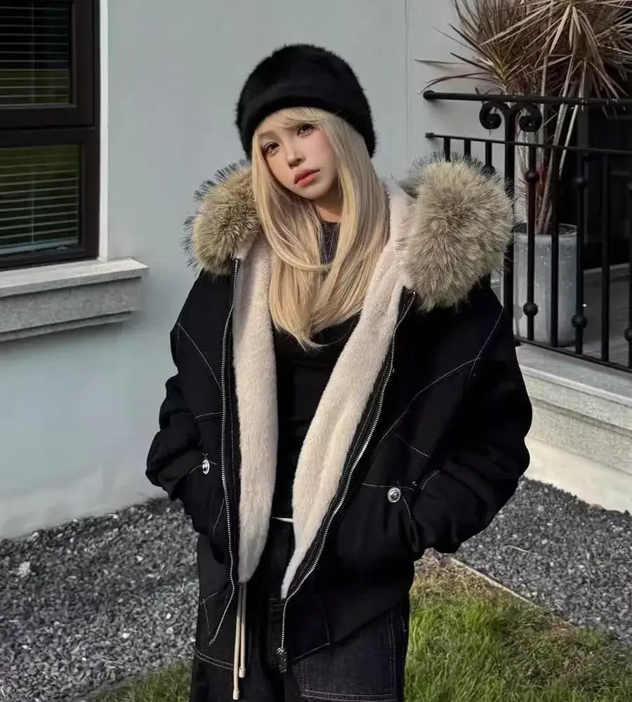 Winter Jackets Fur Collar Parkas Women Vintage Thicken Fleece Warm Jackets Streetwear Harajuku Hip Hop Padded Chic Y2K Outwear