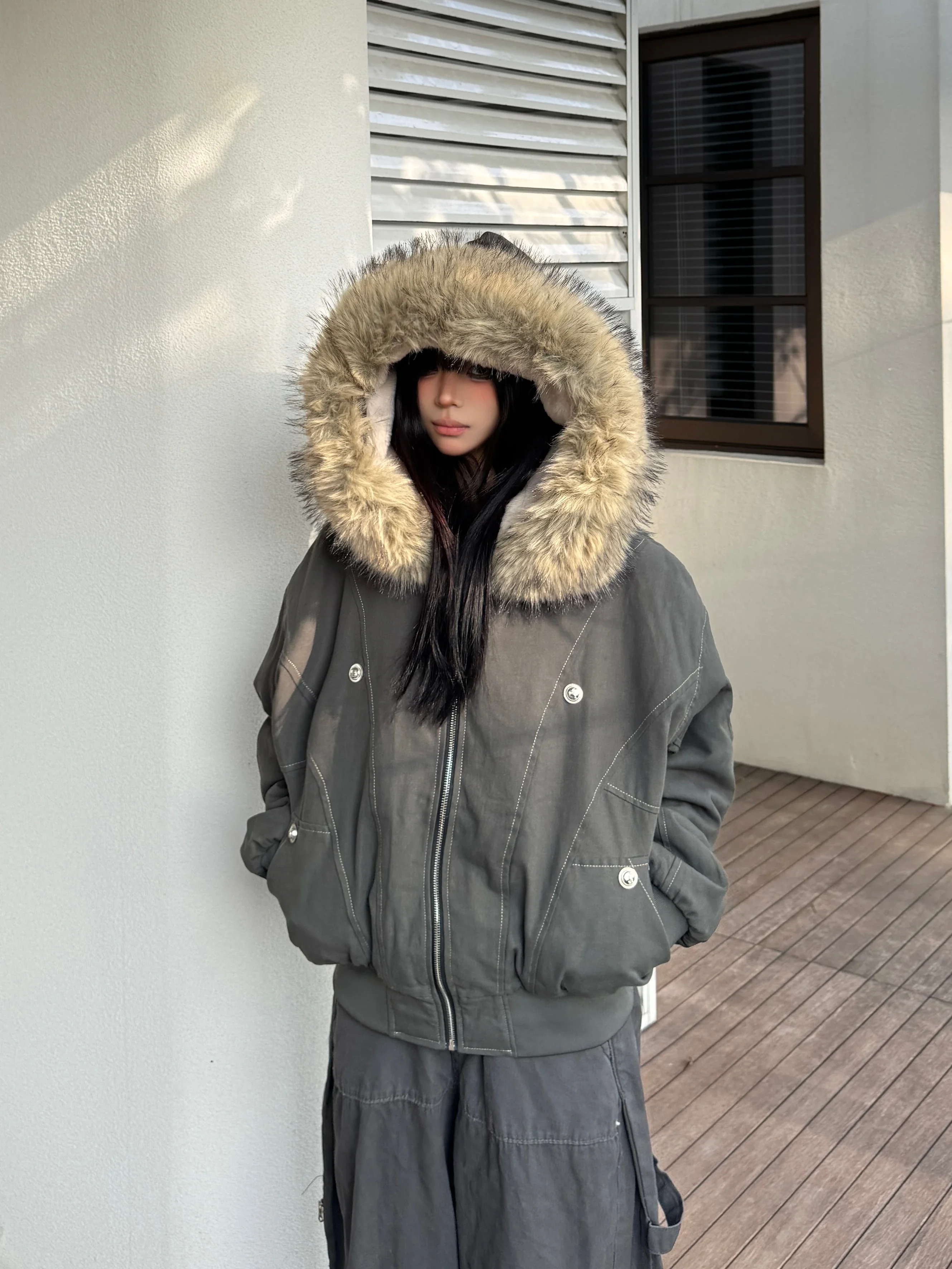 Winter Jackets Fur Collar Parkas Women Vintage Thicken Fleece Warm Jackets Streetwear Harajuku Hip Hop Padded Chic Y2K Outwear