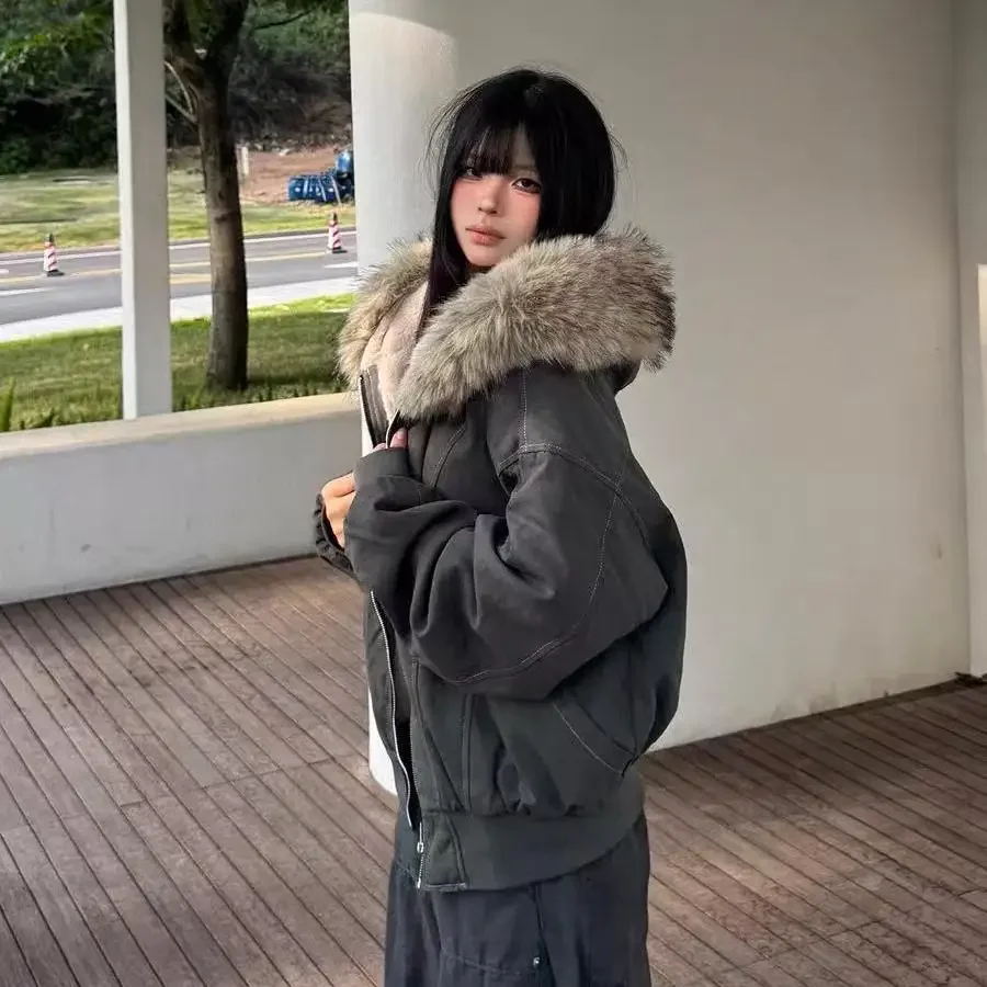 Winter Jackets Fur Collar Parkas Women Vintage Thicken Fleece Warm Jackets Streetwear Harajuku Hip Hop Padded Chic Y2K Outwear