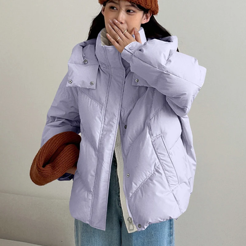 Thicken Warm Stand Collar Hooded Parkas Women Swinter Olid Color Long Sleeve Short Puff Parkas Zipper Button Cotton Padded Coats