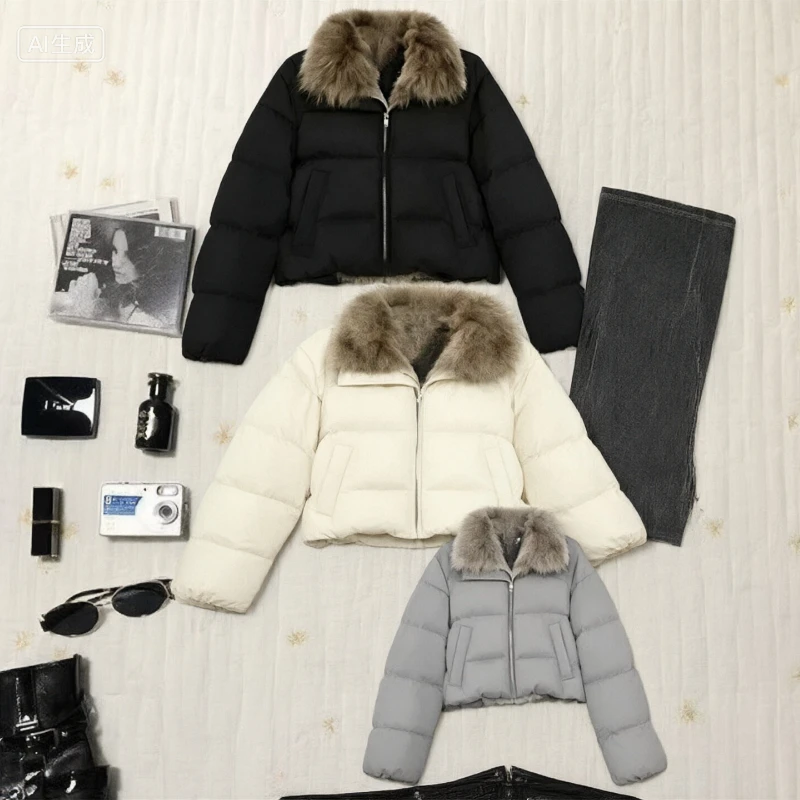 2026 Anti-fox Fur Collar Jacket Korean Fashion Short Parka American Vintage Winter New Women's Short Fashion Warm Cotton Clothes