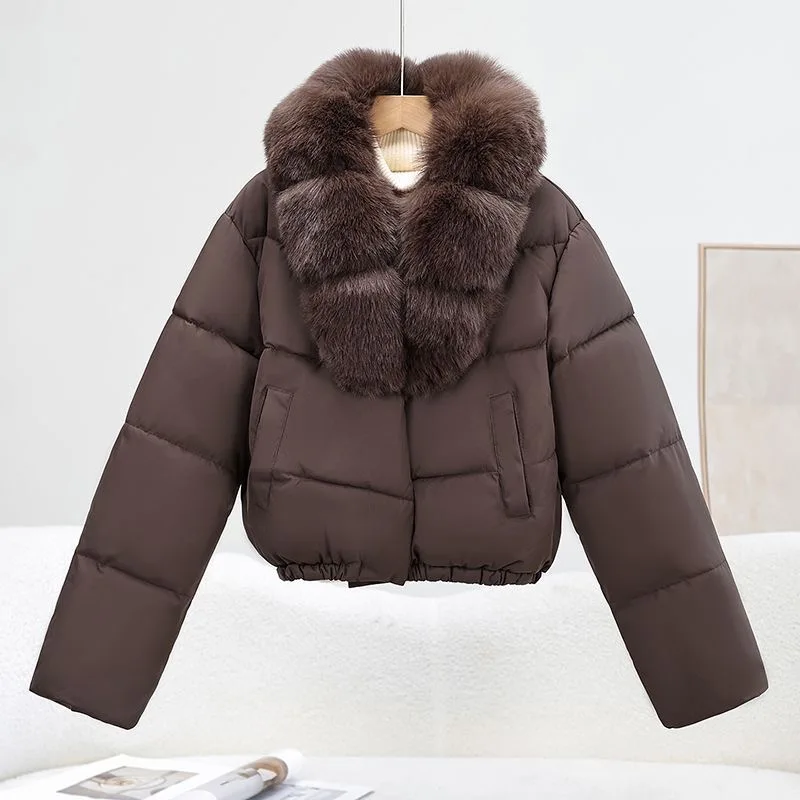 2026 Anti-fox Fur Collar Jacket Korean Fashion Short Parka American Vintage Winter New Women's Short Fashion Warm Cotton Clothes