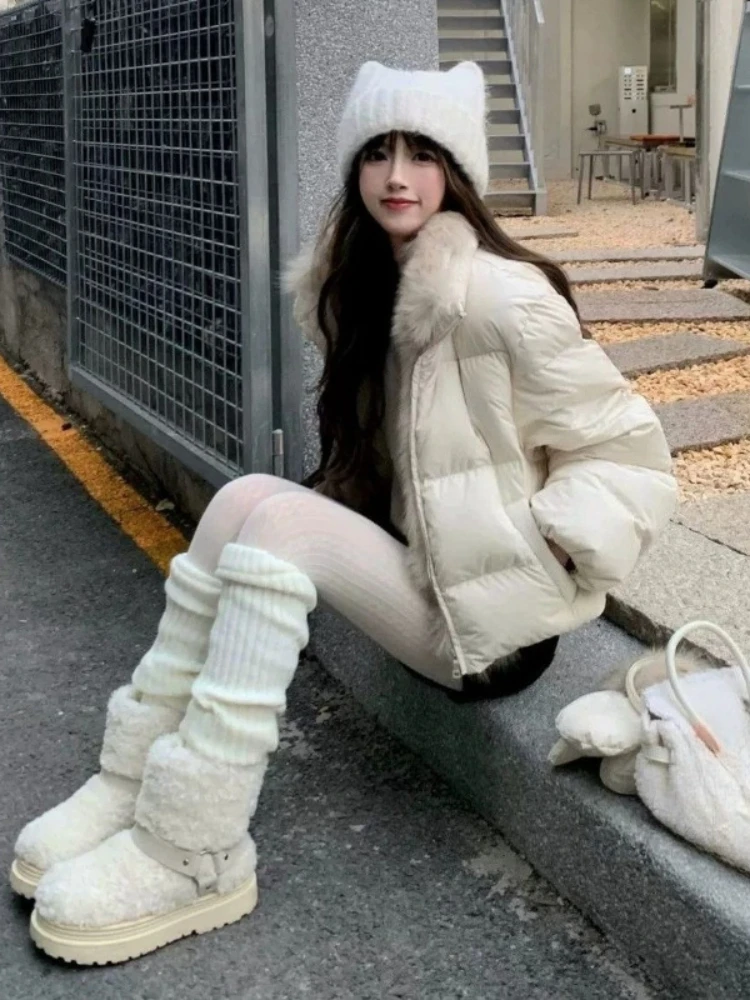 2026 Anti-fox Fur Collar Jacket Korean Fashion Short Parka American Vintage Winter New Women's Short Fashion Warm Cotton Clothes