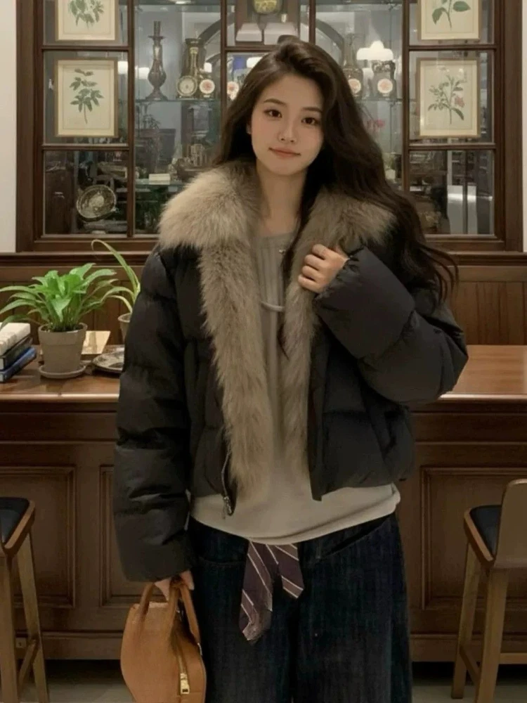 2026 Anti-fox Fur Collar Jacket Korean Fashion Short Parka American Vintage Winter New Women's Short Fashion Warm Cotton Clothes