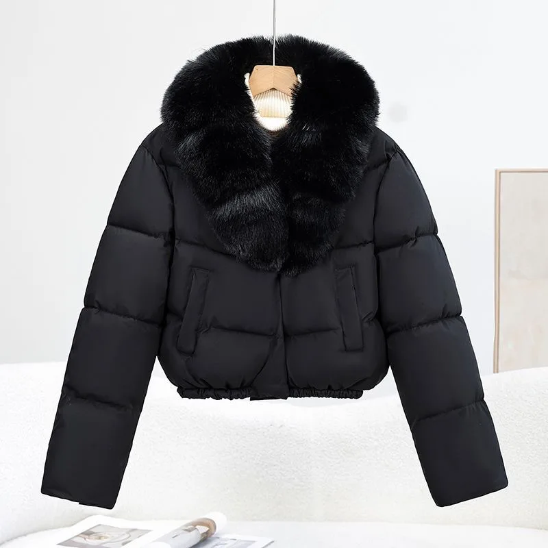 2026 Anti-fox Fur Collar Jacket Korean Fashion Short Parka American Vintage Winter New Women's Short Fashion Warm Cotton Clothes