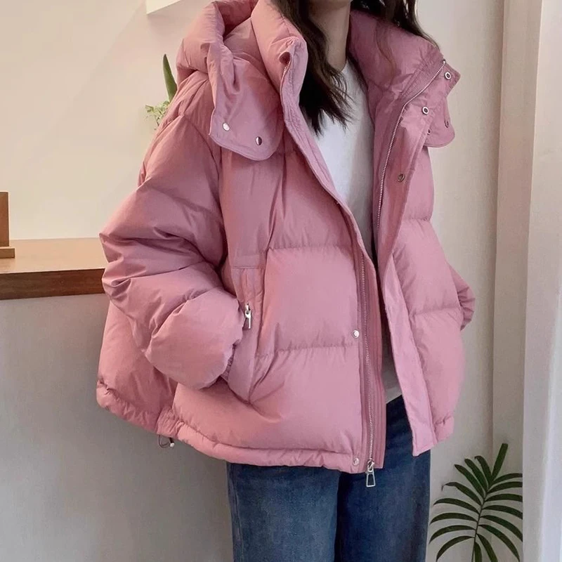Winter Hooded Down Cotton Parkas Women Korean Zipper Up Loose Long Sleeve Short Parkas Woman Solid Thicken Warm Puff Jackets