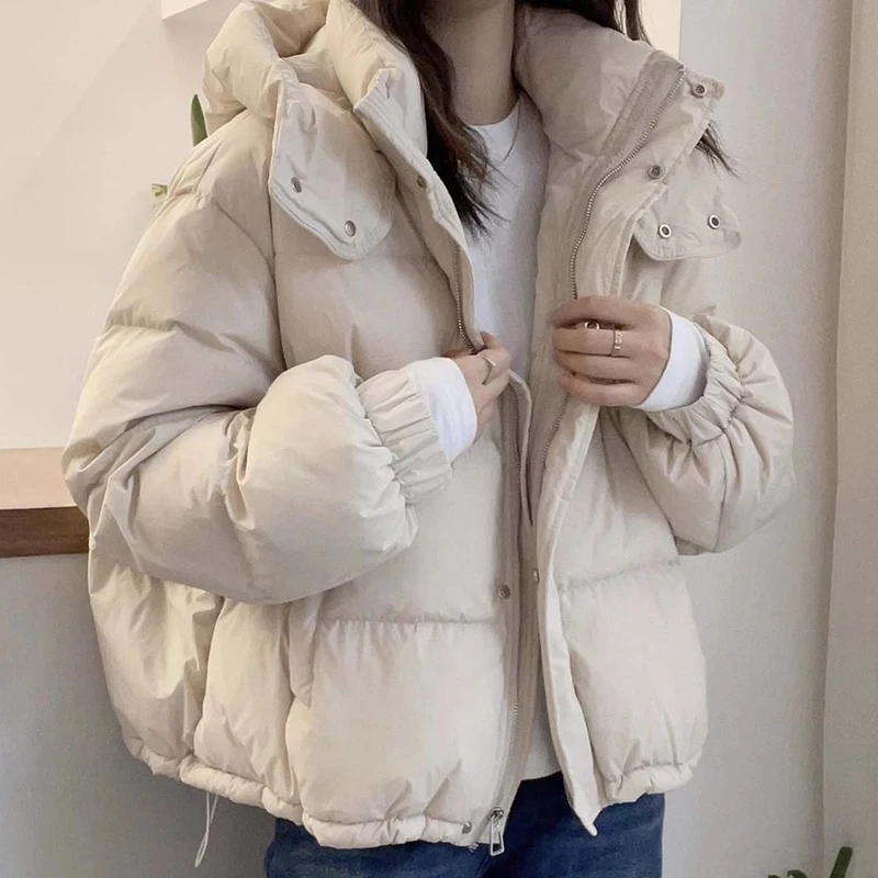 Winter Hooded Down Cotton Parkas Women Korean Zipper Up Loose Long Sleeve Short Parkas Woman Solid Thicken Warm Puff Jackets