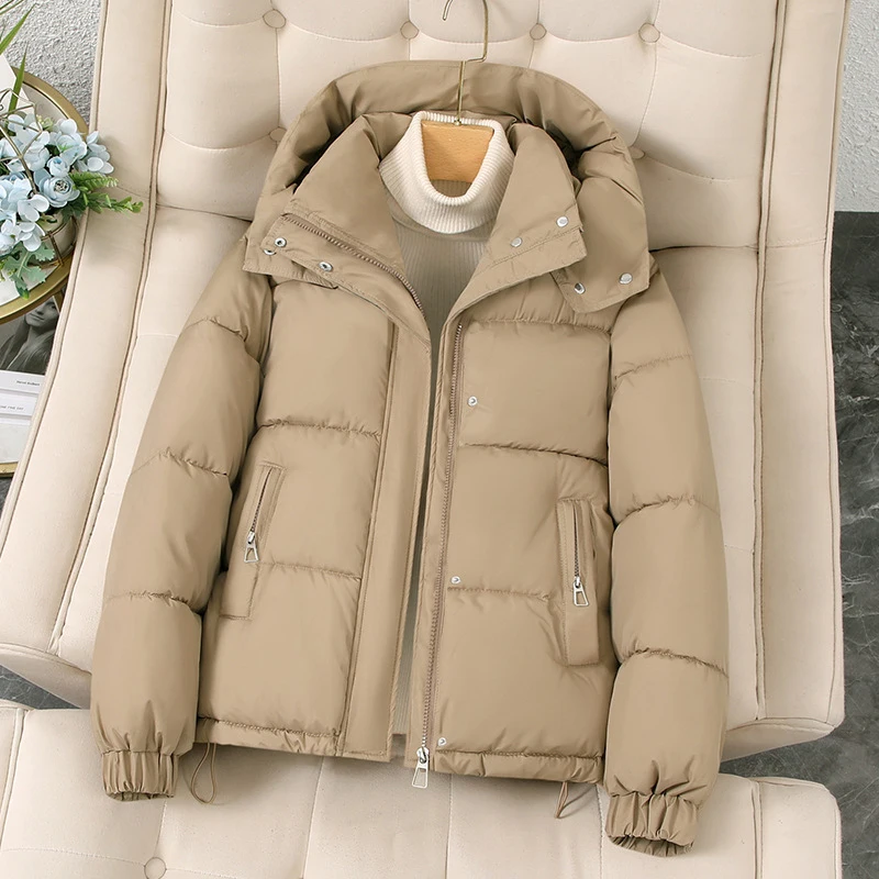 Winter Hooded Down Cotton Parkas Women Korean Zipper Up Loose Long Sleeve Short Parkas Woman Solid Thicken Warm Puff Jackets