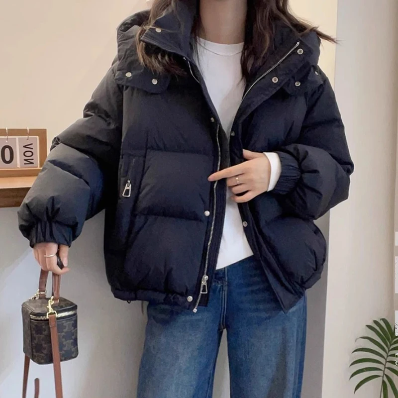 Winter Hooded Down Cotton Parkas Women Korean Zipper Up Loose Long Sleeve Short Parkas Woman Solid Thicken Warm Puff Jackets