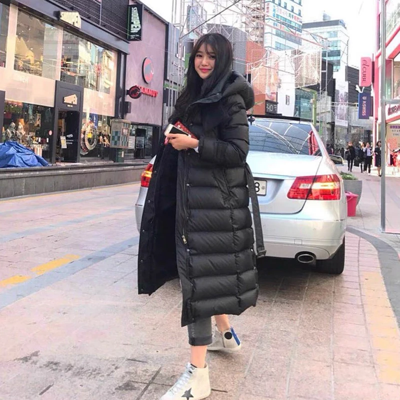 Winter High Quality Long Hooded Down Jacket Women White Duck Down Lace Up Outwears Female Warm Parker Knee Length Down Jacket