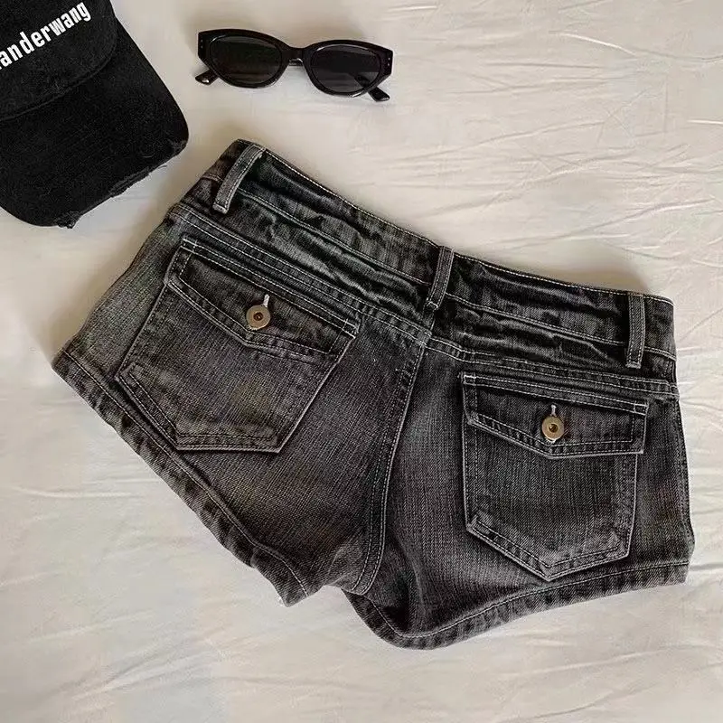 Vintage Denim Shorts Women Summer Black Grey Washed Low Waist Elastic Skinny Hot Shorts Jeans