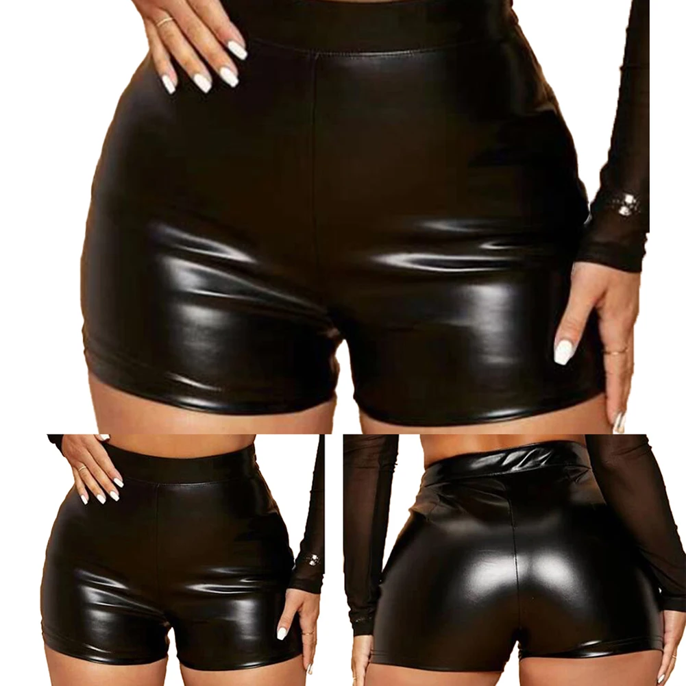 Women Sexy Shorts Wet Look Booty Shorts Patent Leather High Waist PU Leather Short Pants Mini- Short Party Clubwear