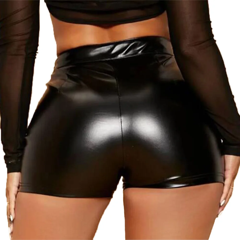 Women Sexy Shorts Wet Look Booty Shorts Patent Leather High Waist PU Leather Short Pants Mini- Short Party Clubwear