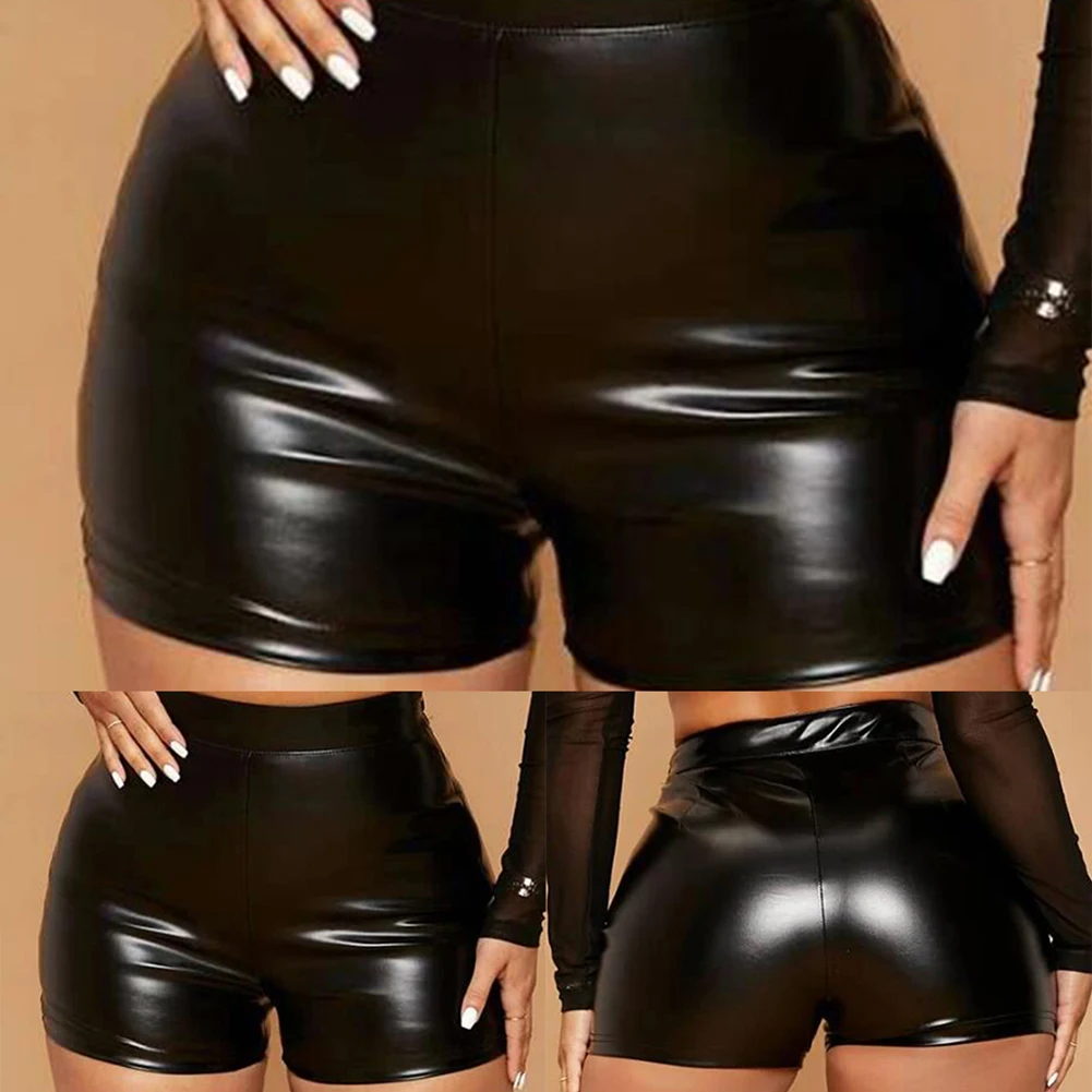 Women Sexy Shorts Wet Look Booty Shorts Patent Leather High Waist PU Leather Short Pants Mini- Short Party Clubwear