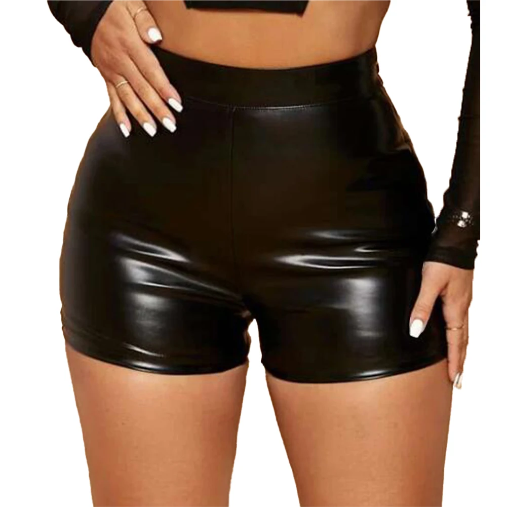 Women Sexy Shorts Wet Look Booty Shorts Patent Leather High Waist PU Leather Short Pants Mini- Short Party Clubwear