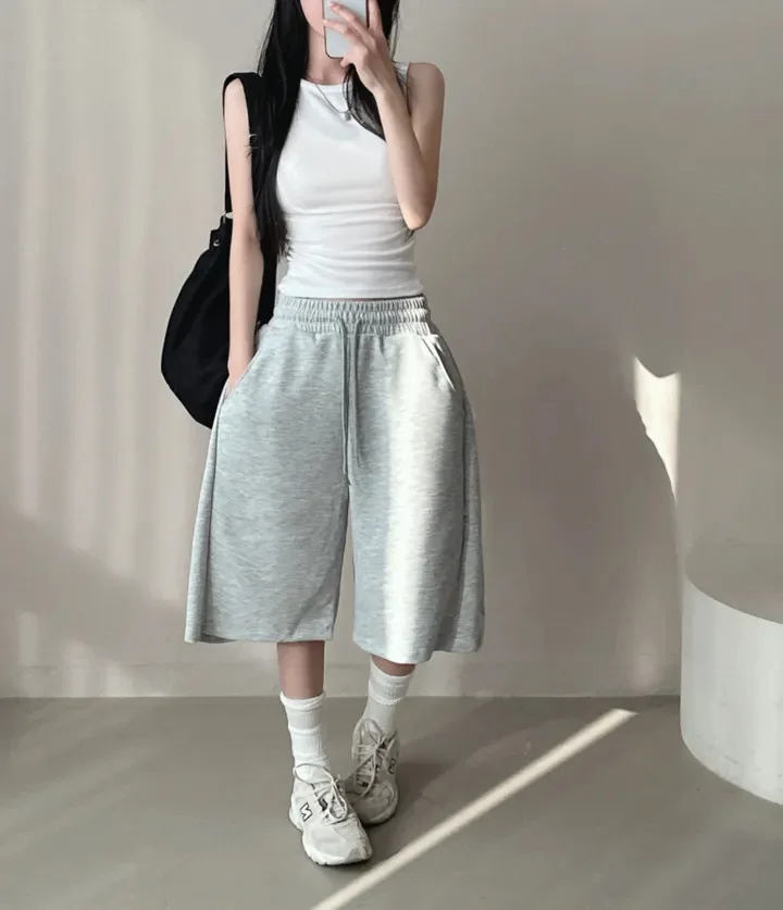 Summer Drawstring Wide Leg Shorts Women Fitness Running Loose Casual Large Sports Shorts Sweat Short High Elastic Lace Up Pants