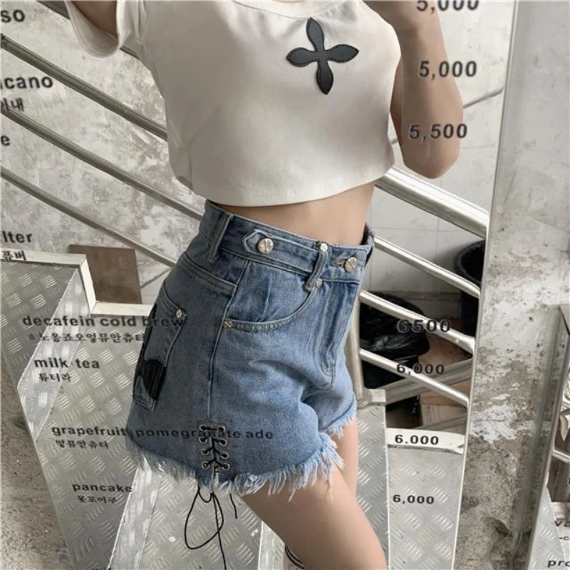 Bandage Tassel Jean Shorts Women's Clothing Streetwear Fashion Pantalones Cortos De Mujer High Waist Summer Y2k Wide Leg Pants