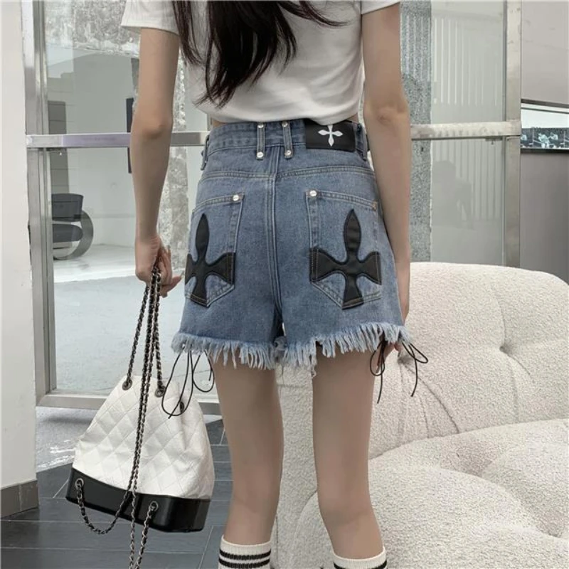 Bandage Tassel Jean Shorts Women's Clothing Streetwear Fashion Pantalones Cortos De Mujer High Waist Summer Y2k Wide Leg Pants