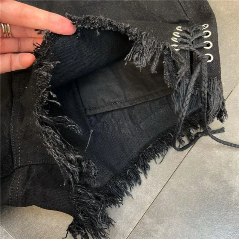 Bandage Tassel Jean Shorts Women's Clothing Streetwear Fashion Pantalones Cortos De Mujer High Waist Summer Y2k Wide Leg Pants