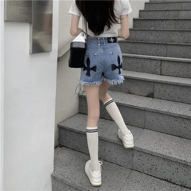 Bandage Tassel Jean Shorts Women's Clothing Streetwear Fashion Pantalones Cortos De Mujer High Waist Summer Y2k Wide Leg Pants