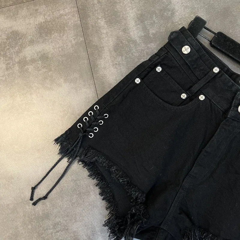 Bandage Tassel Jean Shorts Women's Clothing Streetwear Fashion Pantalones Cortos De Mujer High Waist Summer Y2k Wide Leg Pants