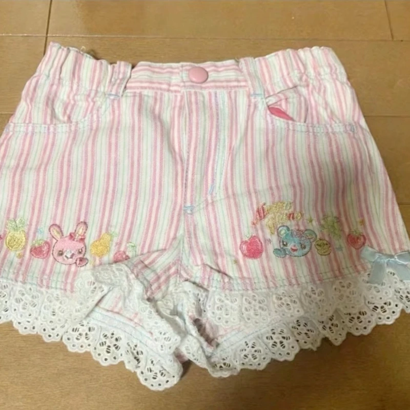 Y2k Aesthetics Sweet Shorts Striped Cartoon Embroidery Bow Lace Patchwork Short Pants Japanese Cute All Match Women's Clothing