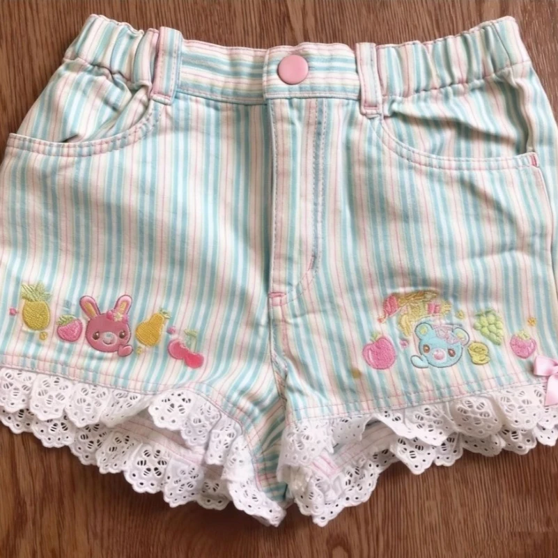 Y2k Aesthetics Sweet Shorts Striped Cartoon Embroidery Bow Lace Patchwork Short Pants Japanese Cute All Match Women's Clothing