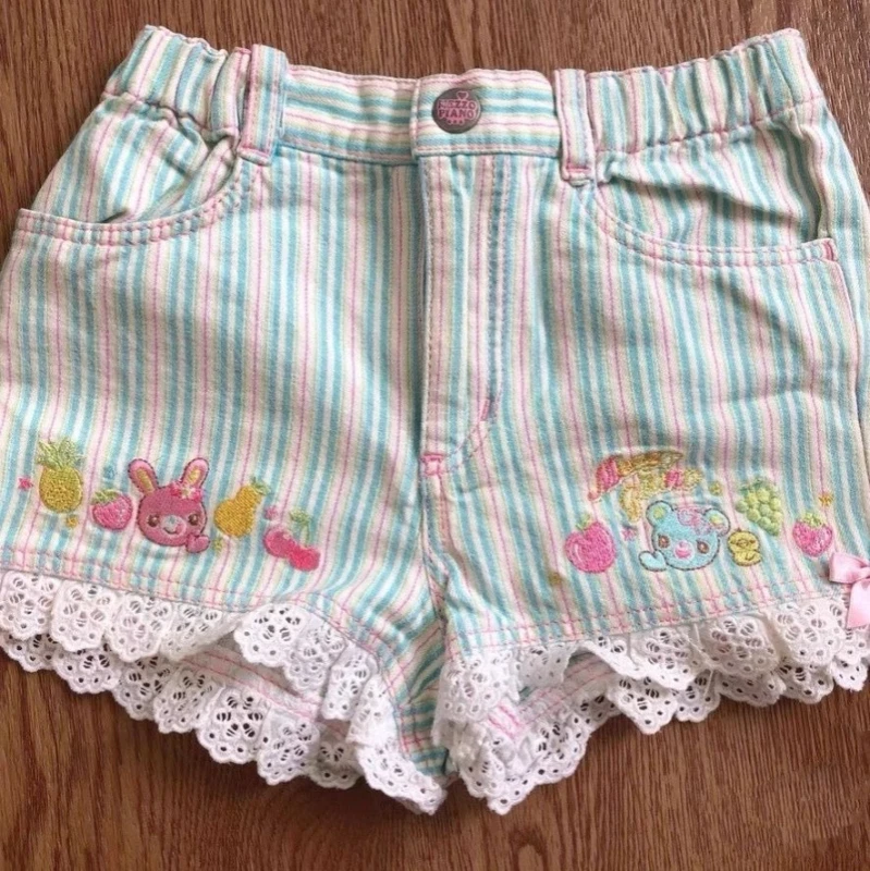 Y2k Aesthetics Sweet Shorts Striped Cartoon Embroidery Bow Lace Patchwork Short Pants Japanese Cute All Match Women's Clothing