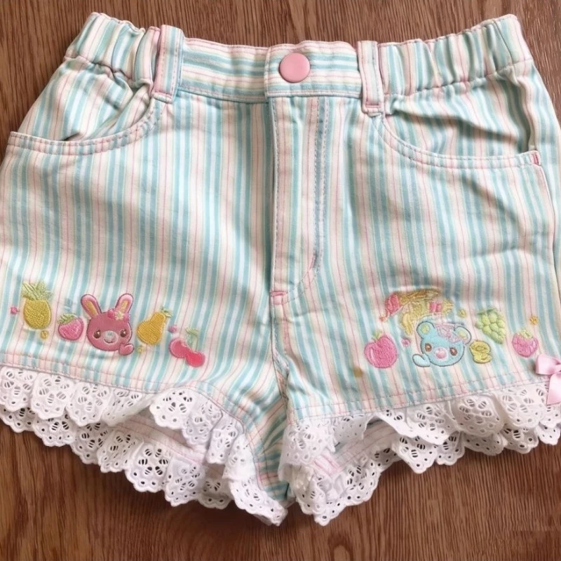 Y2k Aesthetics Sweet Shorts Striped Cartoon Embroidery Bow Lace Patchwork Short Pants Japanese Cute All Match Women's Clothing