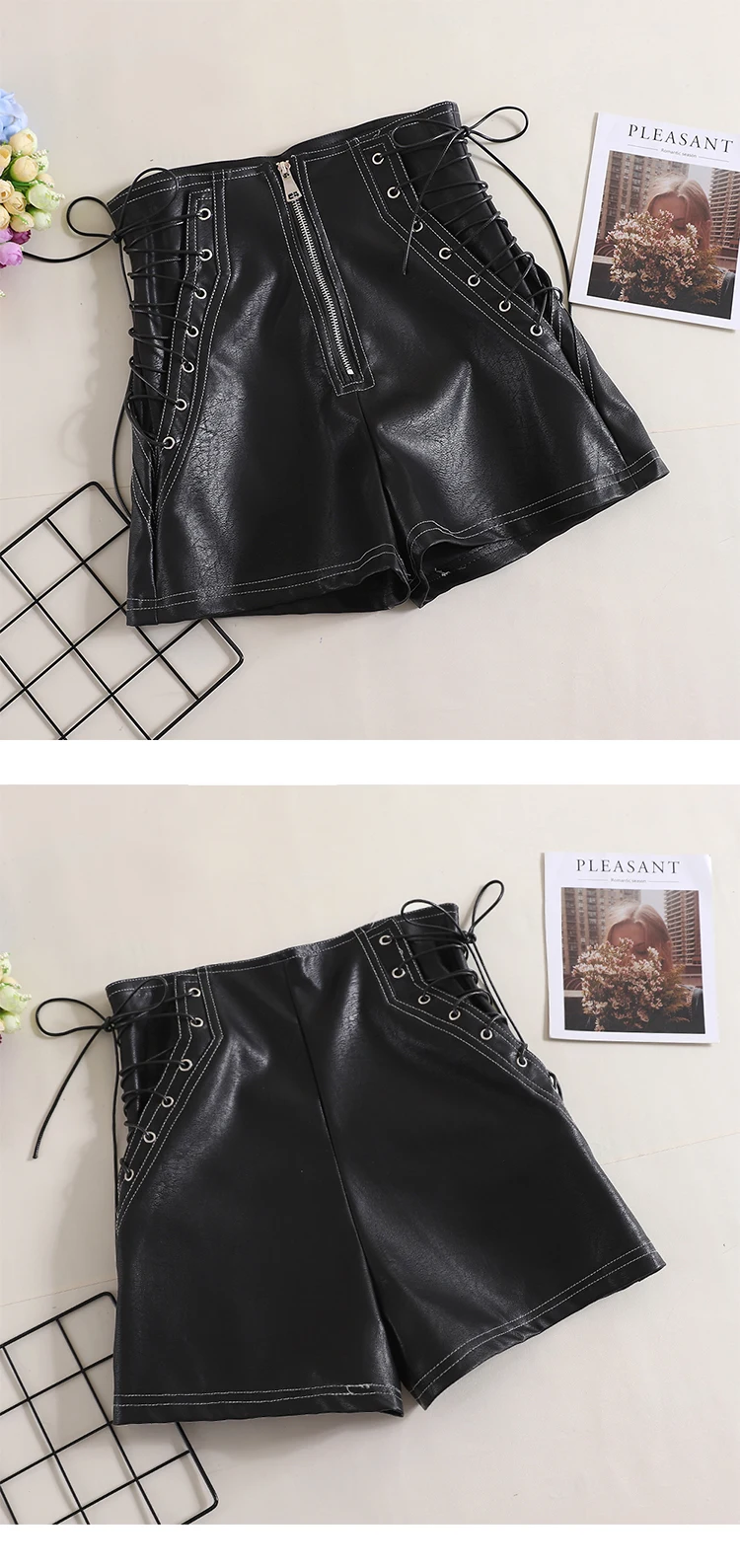 Autumn Women PU Shorts Tie High Waist Shorts Female Casual Black Shorts Ladies All Match Wide leg Shorts Short Pants