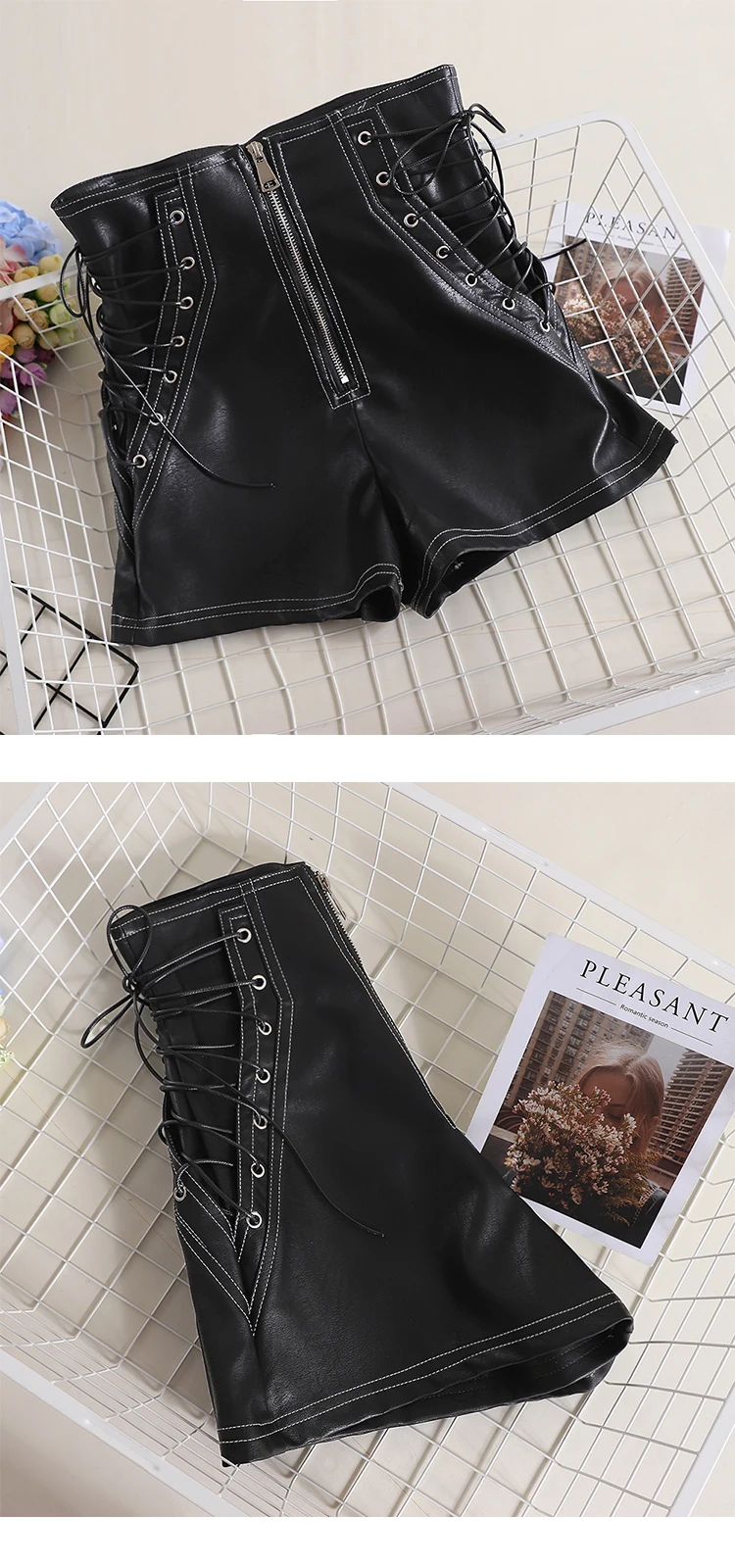 Autumn Women PU Shorts Tie High Waist Shorts Female Casual Black Shorts Ladies All Match Wide leg Shorts Short Pants