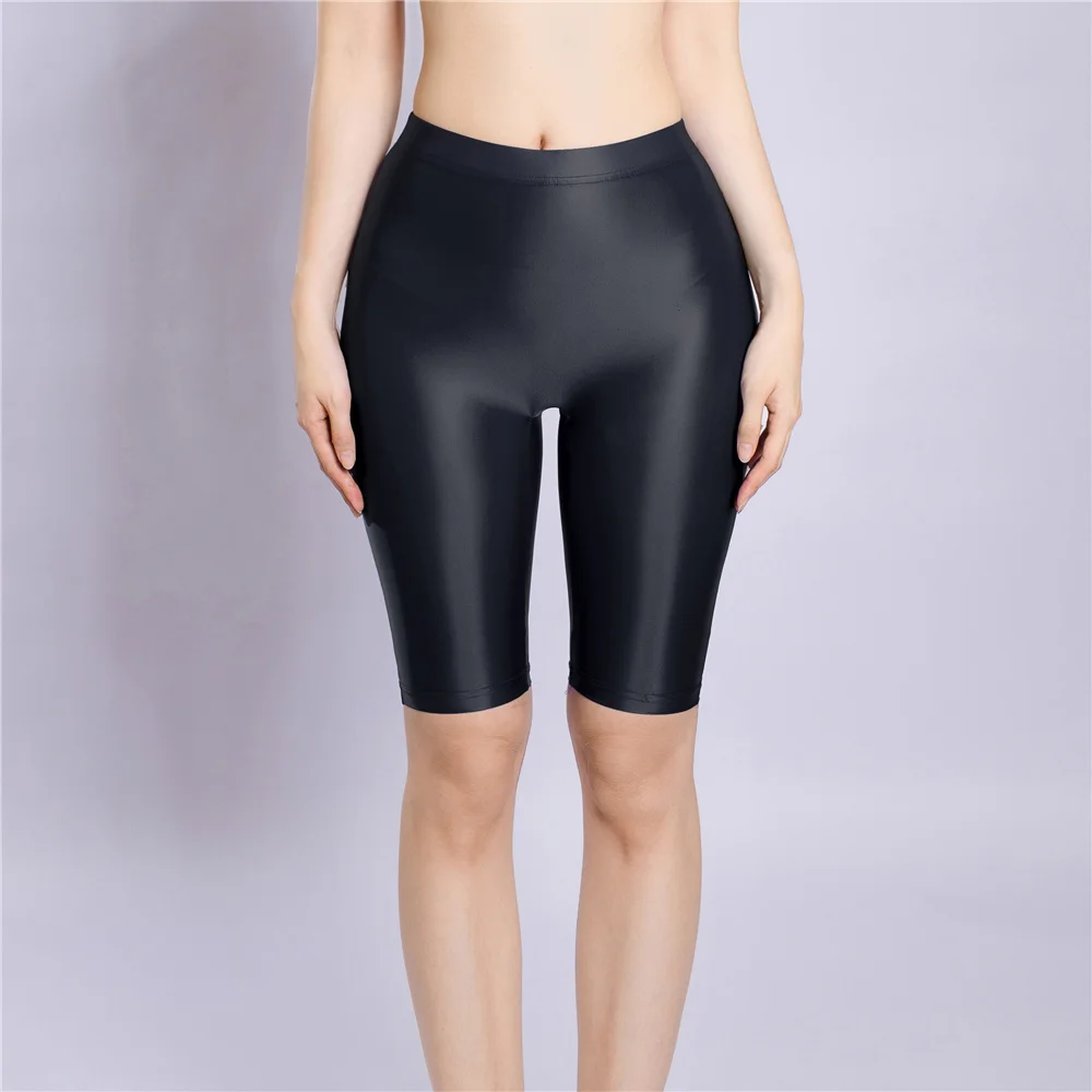Sexy Women Yoga Pant Oil Glossy Shiny Shpping Leggings Sheer See Through Soft Elastic Casual Tight Knee-Length Shorts