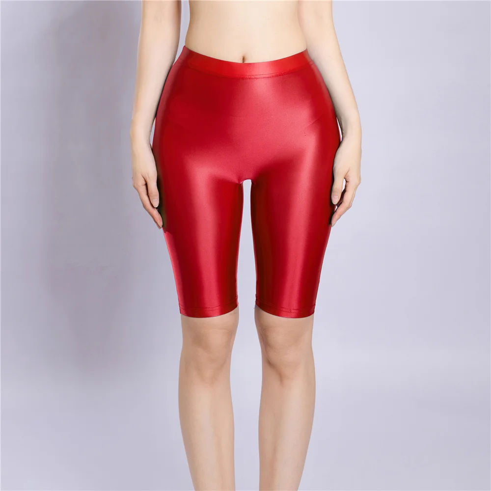 Sexy Women Yoga Pant Oil Glossy Shiny Shpping Leggings Sheer See Through Soft Elastic Casual Tight Knee-Length Shorts