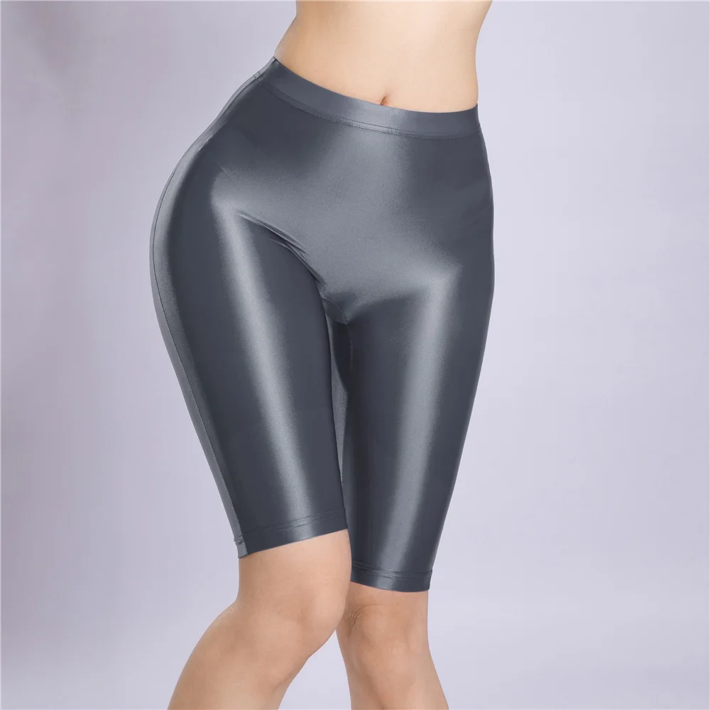 Sexy Women Yoga Pant Oil Glossy Shiny Shpping Leggings Sheer See Through Soft Elastic Casual Tight Knee-Length Shorts