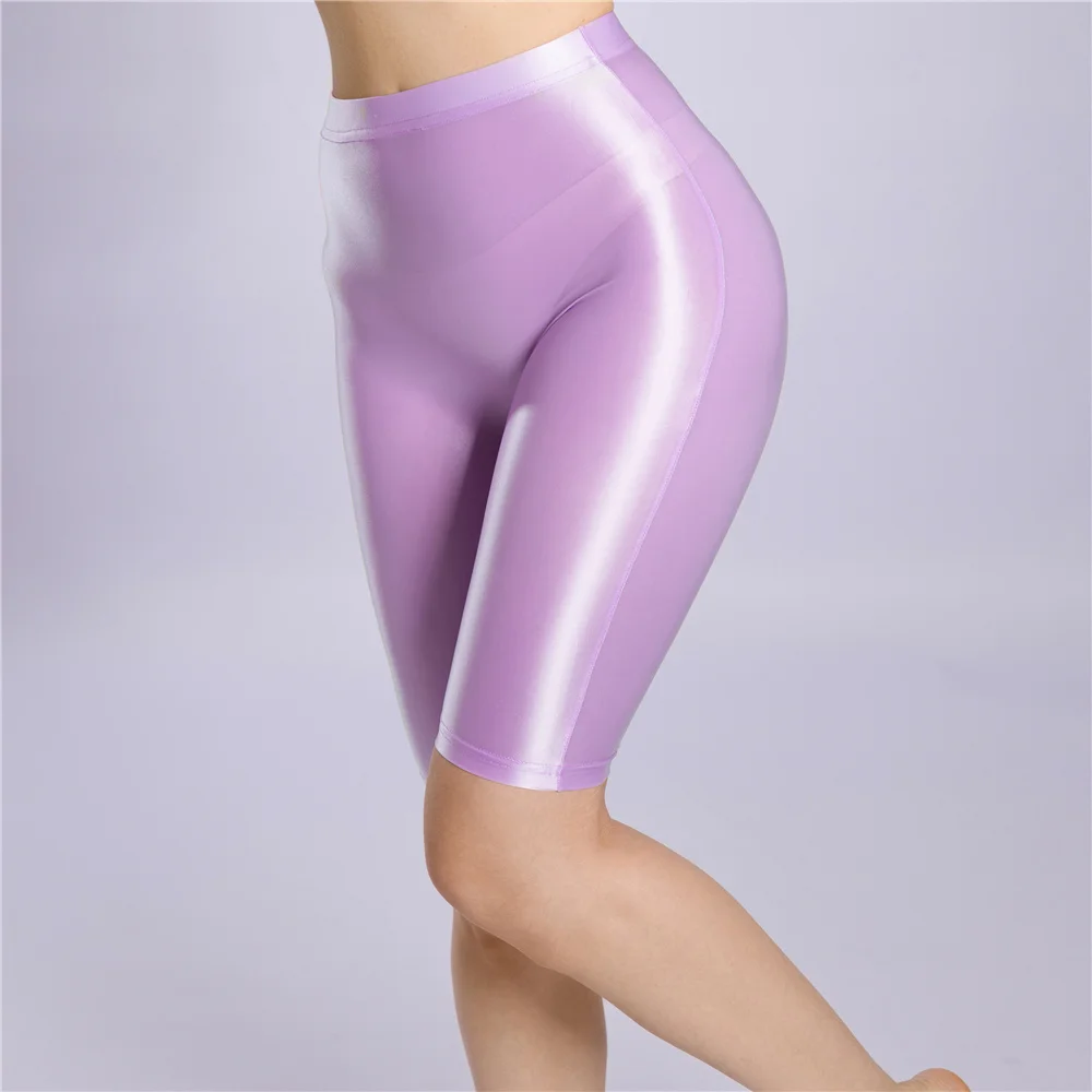 Sexy Women Yoga Pant Oil Glossy Shiny Shpping Leggings Sheer See Through Soft Elastic Casual Tight Knee-Length Shorts
