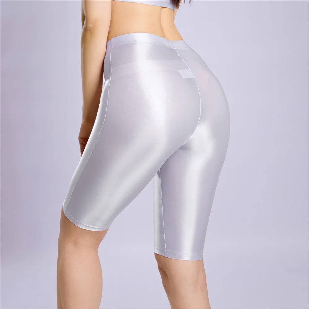 Sexy Women Yoga Pant Oil Glossy Shiny Shpping Leggings Sheer See Through Soft Elastic Casual Tight Knee-Length Shorts
