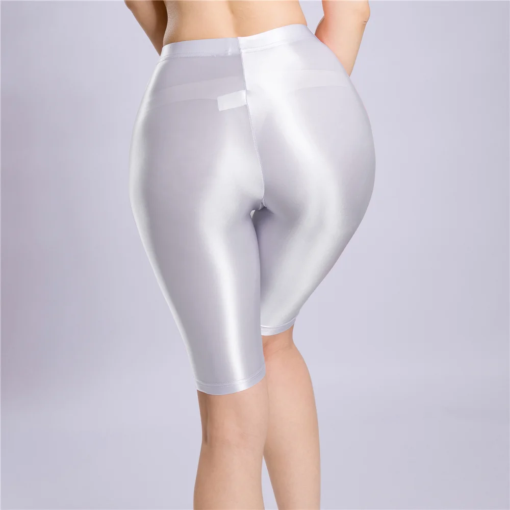Sexy Women Yoga Pant Oil Glossy Shiny Shpping Leggings Sheer See Through Soft Elastic Casual Tight Knee-Length Shorts